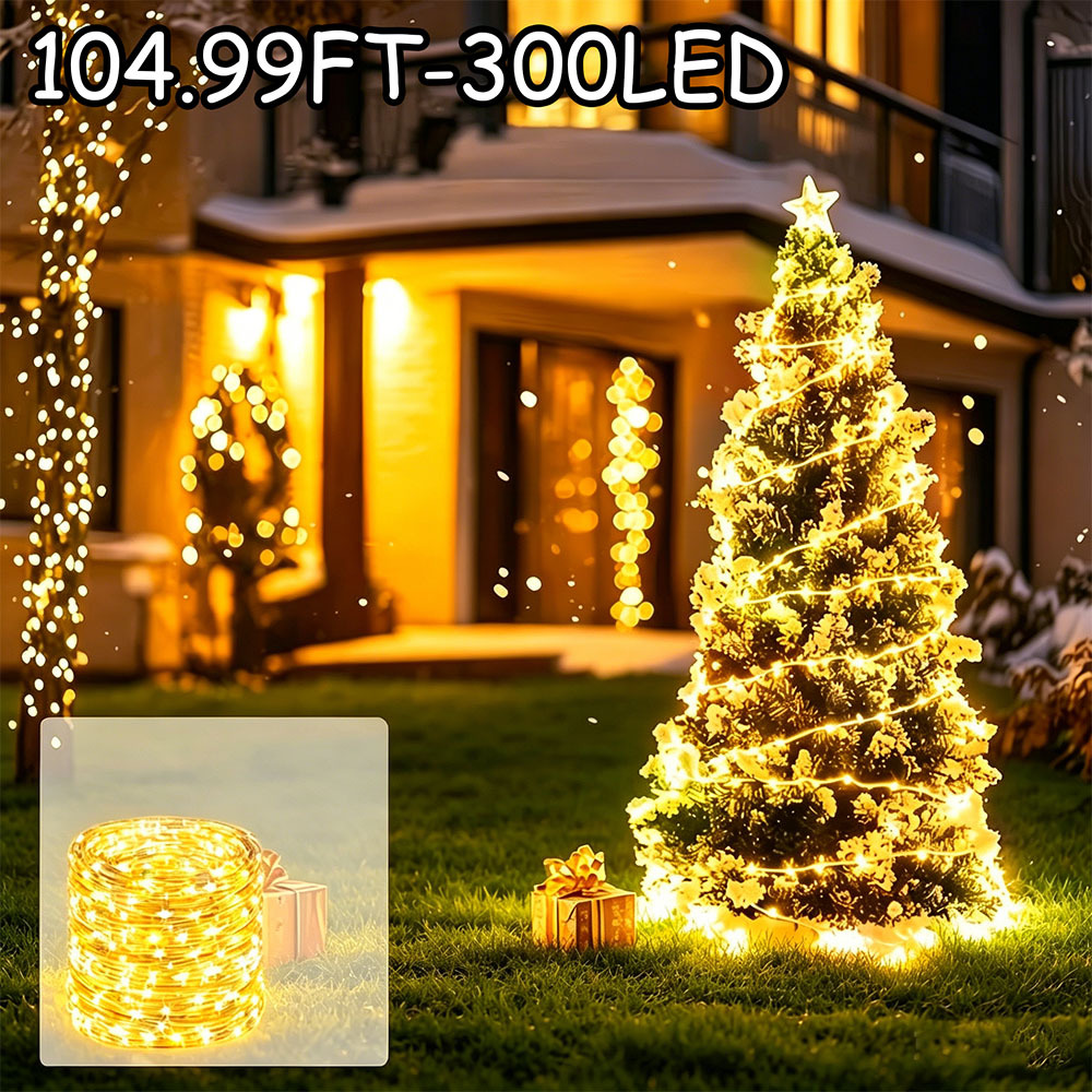 TEMU Guirlande Lumineuse Fil de Cuivre 100/200/300 Lumières à Énergie Solaire, IP44, 11 Modes, Capteur de Lumière Intelligent, Lumières de Jardin,