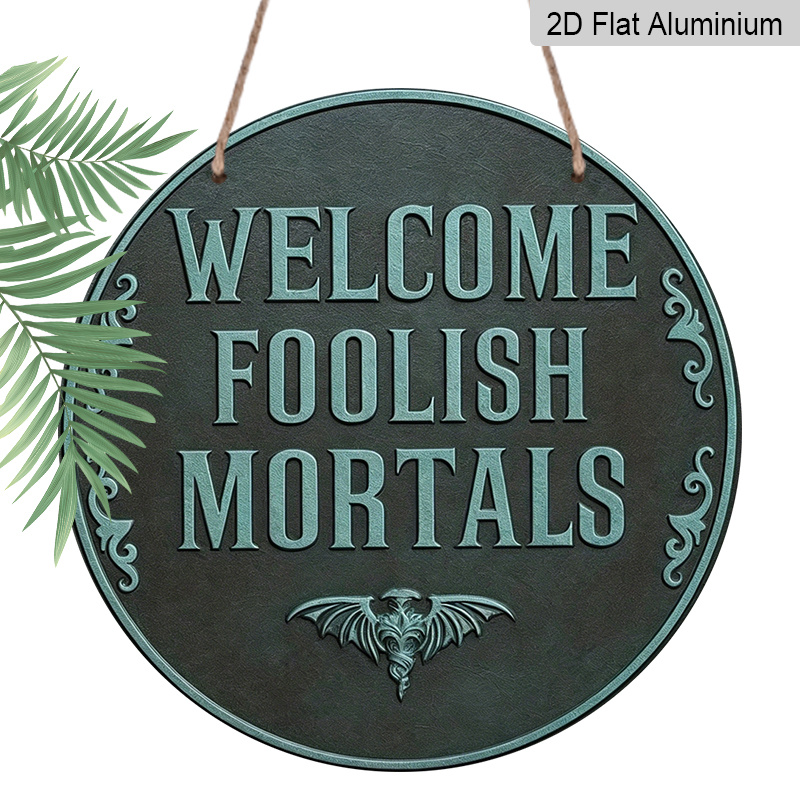 TEMU 2d Flat - Halloween Haunted Mansion Welcome Sign, Round 2d Flat Aluminum "welcome Foolish Mortals" Bat Wall Plaque, Durable Metal Hanging Decor,