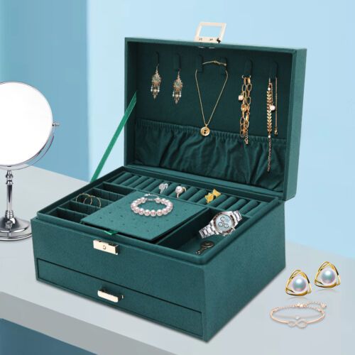 Three-layer Jewelry Storage Box | Large-capacity, Velvet-lined, Lockable with Buckle Closure, Detachable Partitions, Mirror, 24*17*11cm, Dark Green