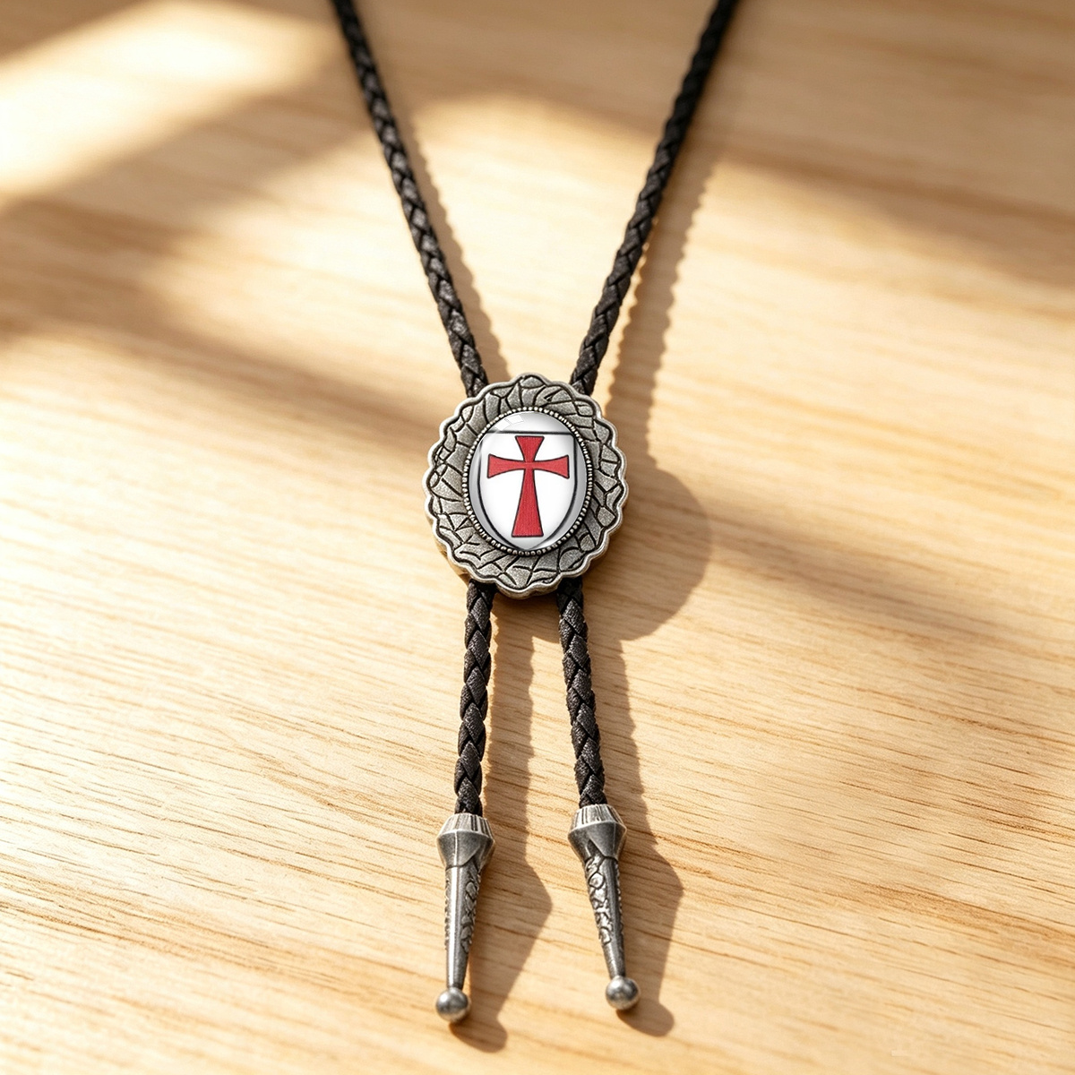 TEMU 1pc Black Bolo Necklace, Red And White Shield-shaped Cross Pattern Printed Woven Rope Necklace Retro Style Unisex Accessory