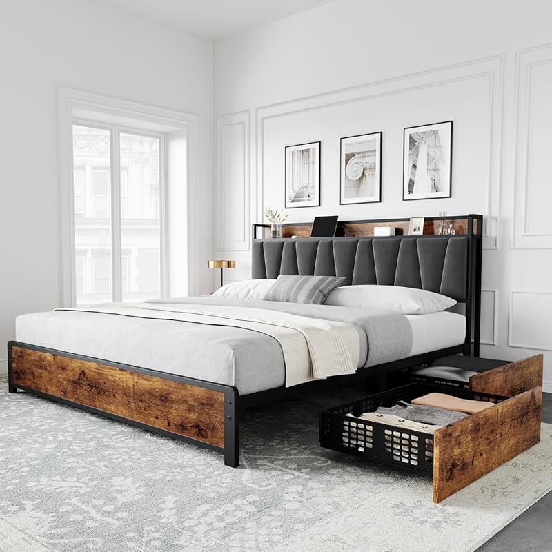TEMU Chambre à coucher rembourrée Queen Size avec 4 tiroirs de rangement | Plateforme métallique robuste, lattes silencieuses, pas besoin de sommier,
