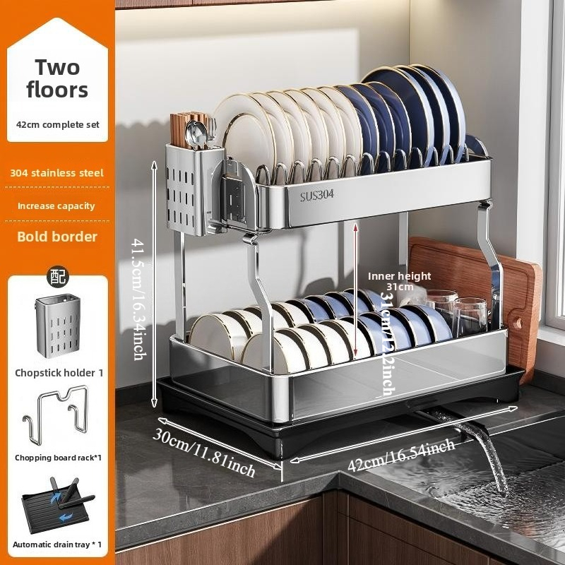 TEMU 2 Tier Dish Drying Rack, Large Dish Rack With Spout, 304 Stainless Steel Dish Drainer Rack, Draining Board Rack For Kitchen Counter With Utensil