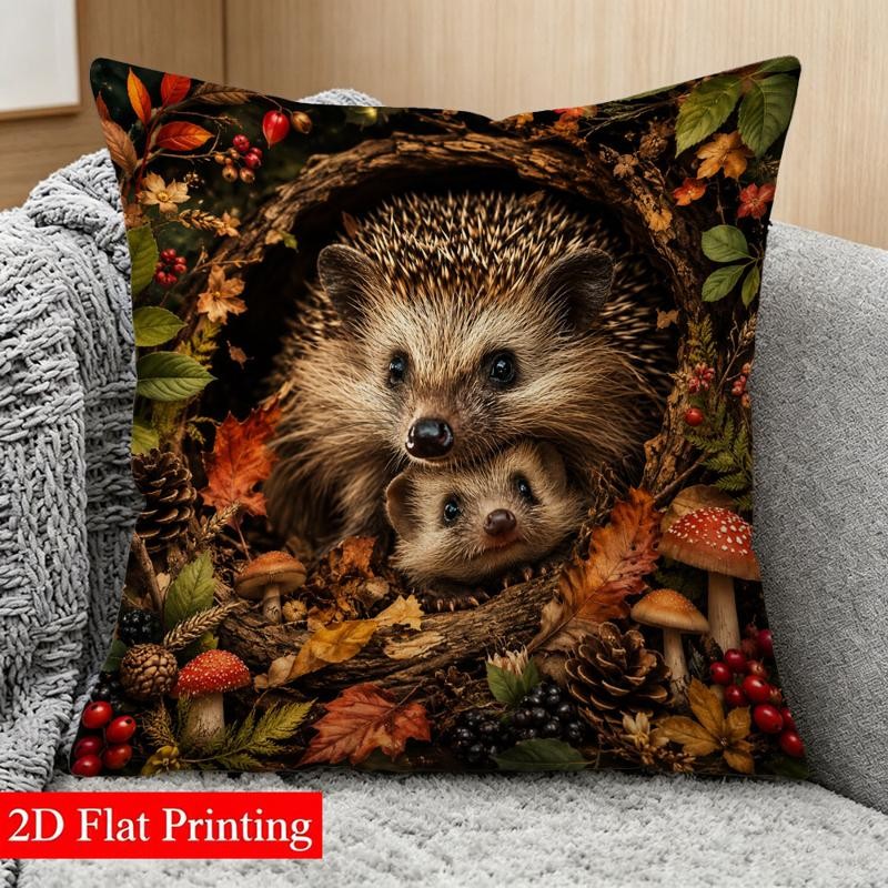 TEMU 1pc 2d Printed Double-sided Cushion Cover, Hedgehog Family Pattern, 45 X 45cm, Cozy Autumn Forest Design, Suitable For Living Room, Bedroom,