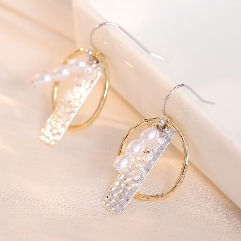 Bohemian Style White Round Beads & Oval Hollow Pendant Earrings