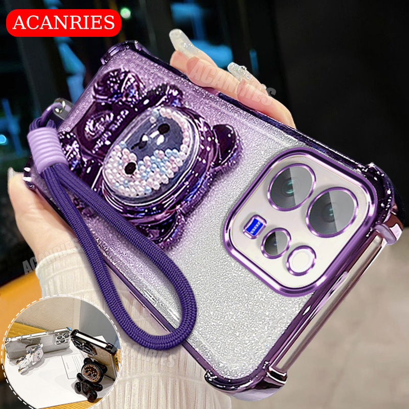 Phone Case - Acanries Minimalist Solid Color Lanyard Cute Bead Bear Folding Bracket Gradient Glitter Plating Phone…: retailer-supplied image