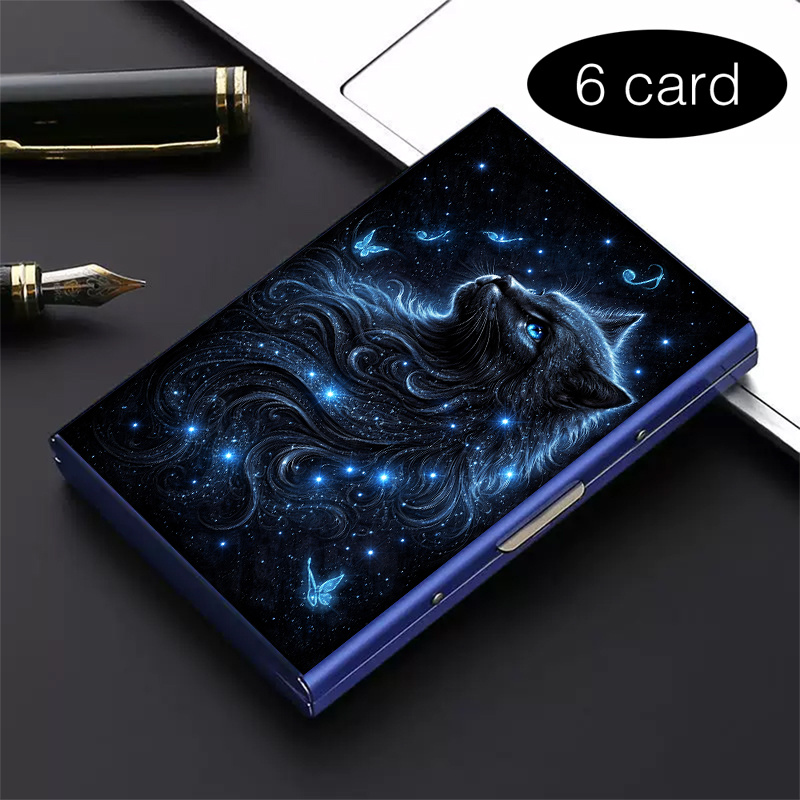 TEMU 1pc High-end Stainless Steel Rfid Anti-theft Card Holder – Cat Starry Blue, Stylish Black Metal Wallet With Multi-compartment Design, Perfect