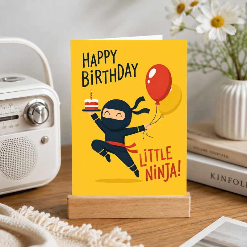 TEMU Happy Birthday Greeting Card - Cute Cartoon Ninja, Cake & Balloons Design, Background, Fun Birthday Card For Kids