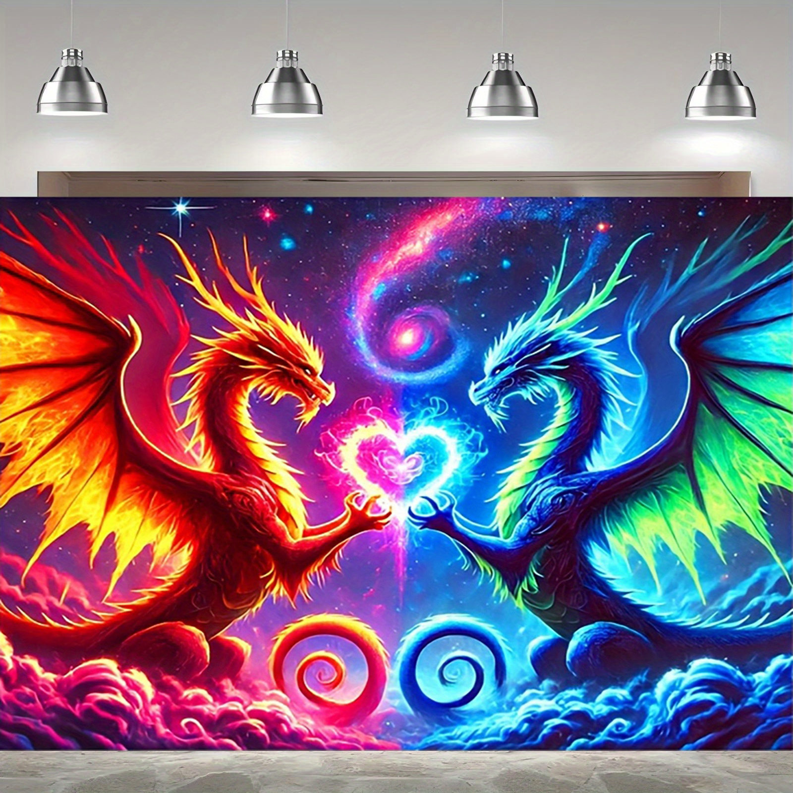 TEMU 1pc Hego Luminous Double Dragon Tapestry- Uv Reactive Fluorescent Wall Art With Stars And Nebula Designs, Polyester Decoration Without Power