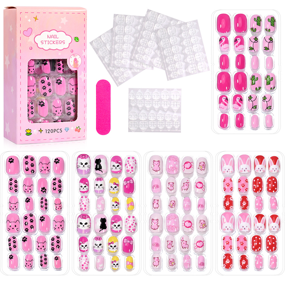 TEMU 120pcs Pink Cute Cartoon Press-on Nails, Cartoon Press-on Fake Nail Set, 120pcs Shiny Long Oval Tip Fake Nail Set, Full-coverage Short Cute Fake