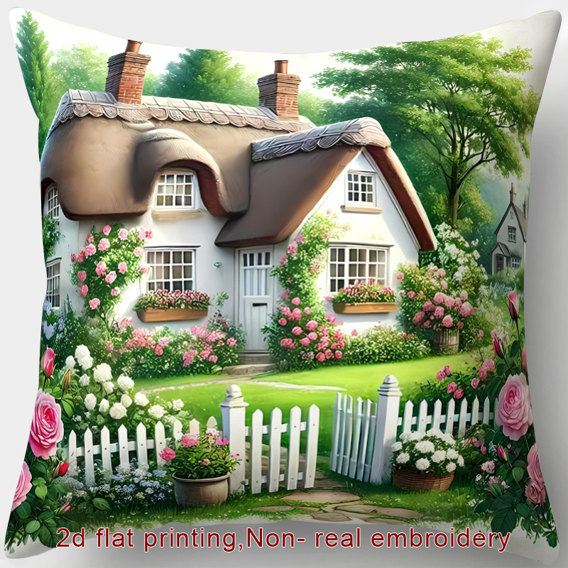 TEMU 1pc, 2d Flat Printing, Zipper Throw Pillow Cover, Spring-themed Pillowcase, Featuring A , Roses, Flower Bushes, , And White Fence. Non-real