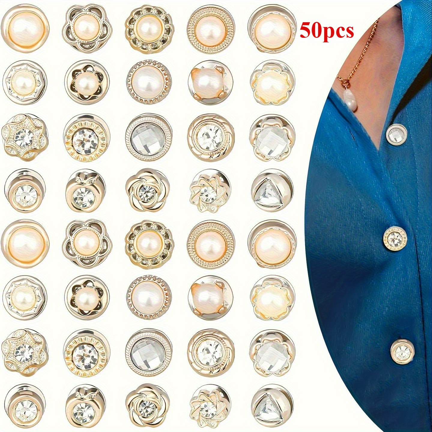E-shop 50 Stück Verschiedene Perlenknopf-Pins – Elegante Haaraccessoires Perlenpins für Damenjeans, Hemden, Jacken Pullover – Niedliche