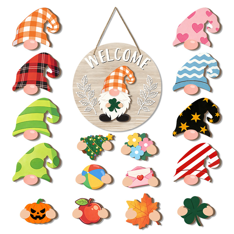 TEMU 2d Flat, 17pcs Dwarf Brand Interchangeable Seasonal Welcome Sign Set With Gnome & Heart Envelope Door Decor - Artificial Wood Suitable For,