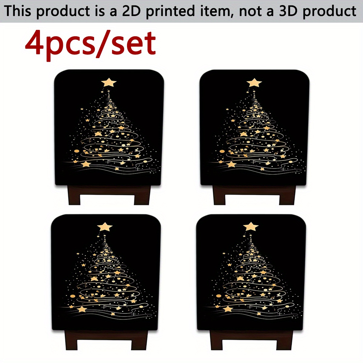 TEMU 2/4/6pcs Merry Christmas Minimalist Style Black With Christmas Tree Print Kitchen Dining Room Decorative Chair Covers, 2d Flat, Polyester Short