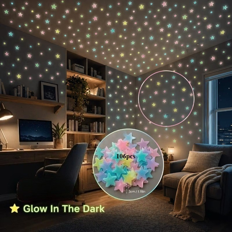 TEMU 106pcs -dark Stickers - Reusable Fluorescent Self-adhesive Paper, Soft Plastic Stars, Suitable For Bedroom, Living Room, And Office Home Decor -