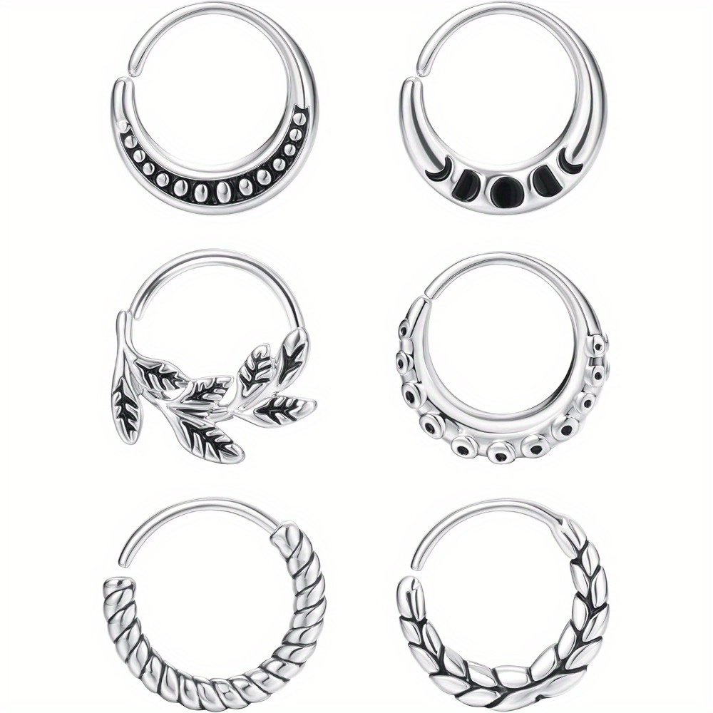 Image of Set Of 6 Stainless Steel 20g Nose Hoops And Cartilage Earrings Suitable For Helix, Tragus, Daith Piercings, And 9mm Septum Rings, Designed For Men And Women