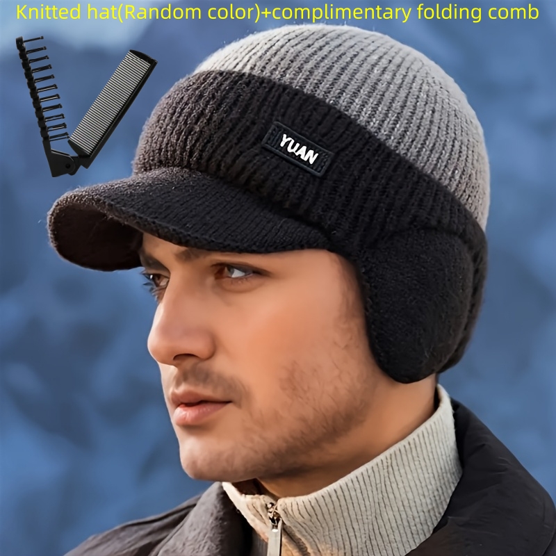TEMU 2pcs = 1 Knitted Hat (random Color) + 1 Free Folding Comb, Winter Plush Thickened Knitted Hat With Ear Flaps, Color-block Sun Hat - Suitable For