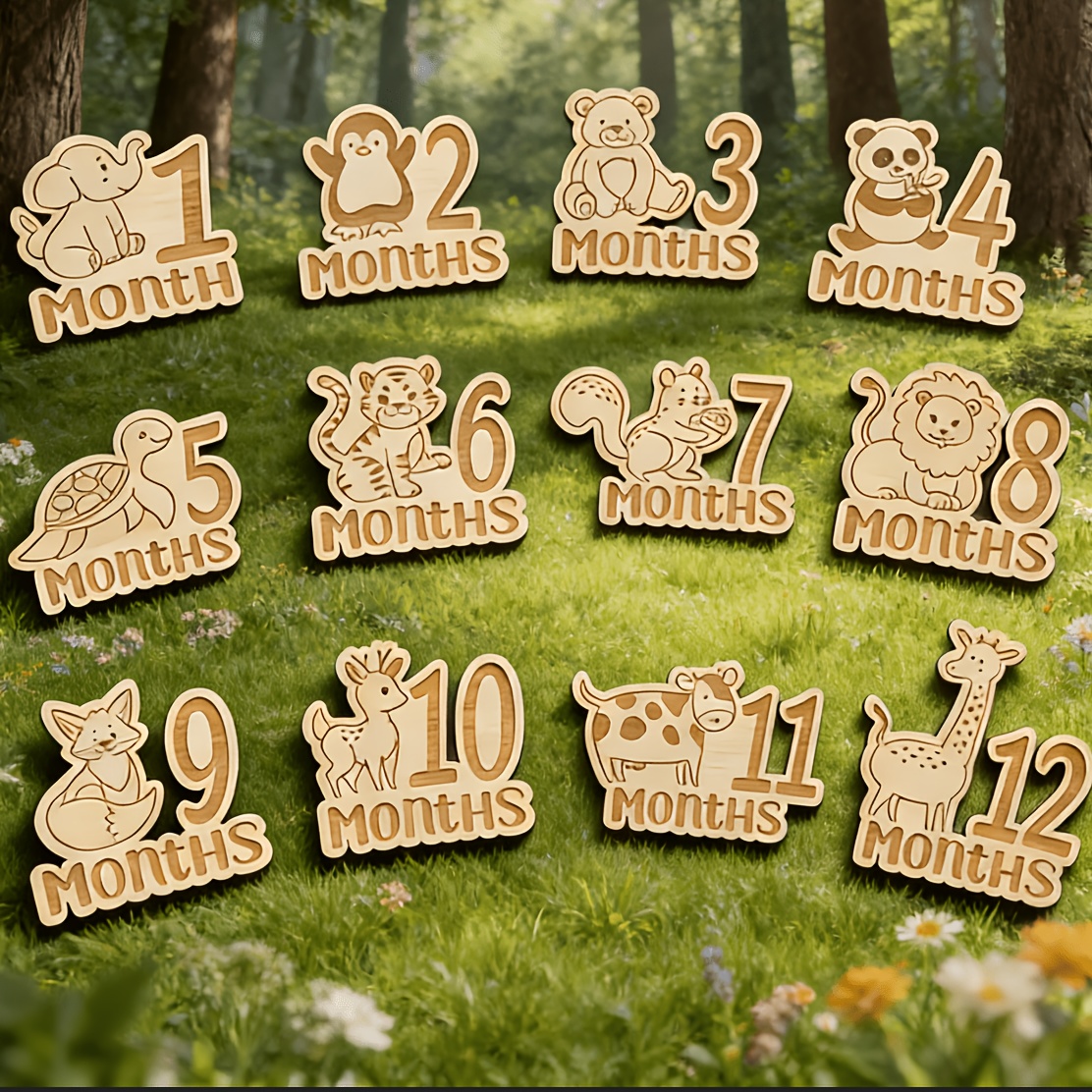 TEMU Wooden Monthly Milestone Cards, A Set Of 12 Animal-themed Monthly Milestone Cards, Including A Milestone Card And Photo Props, An Gift For