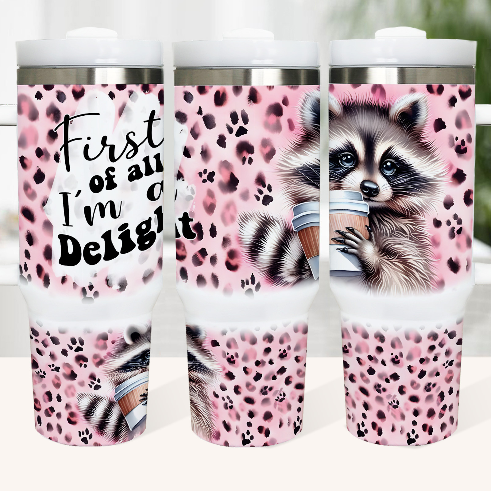 

1pc Raccoon Coffee Cup Design Stainless Steel Tumbler With Handle, Lid & Straw - 40oz Insulated Travel Mug, Drinks Hot/cold, Multipurpose, , Ideal For Outdoor Camping, Perfect Gift For Women