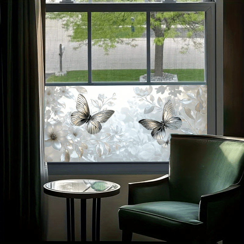 TEMU Self-adhesive Static Cling Window Film Suitable For Privacy Glass - Pet Removable Covering With & Floral, No Glue Residue, Reusable Double-sided