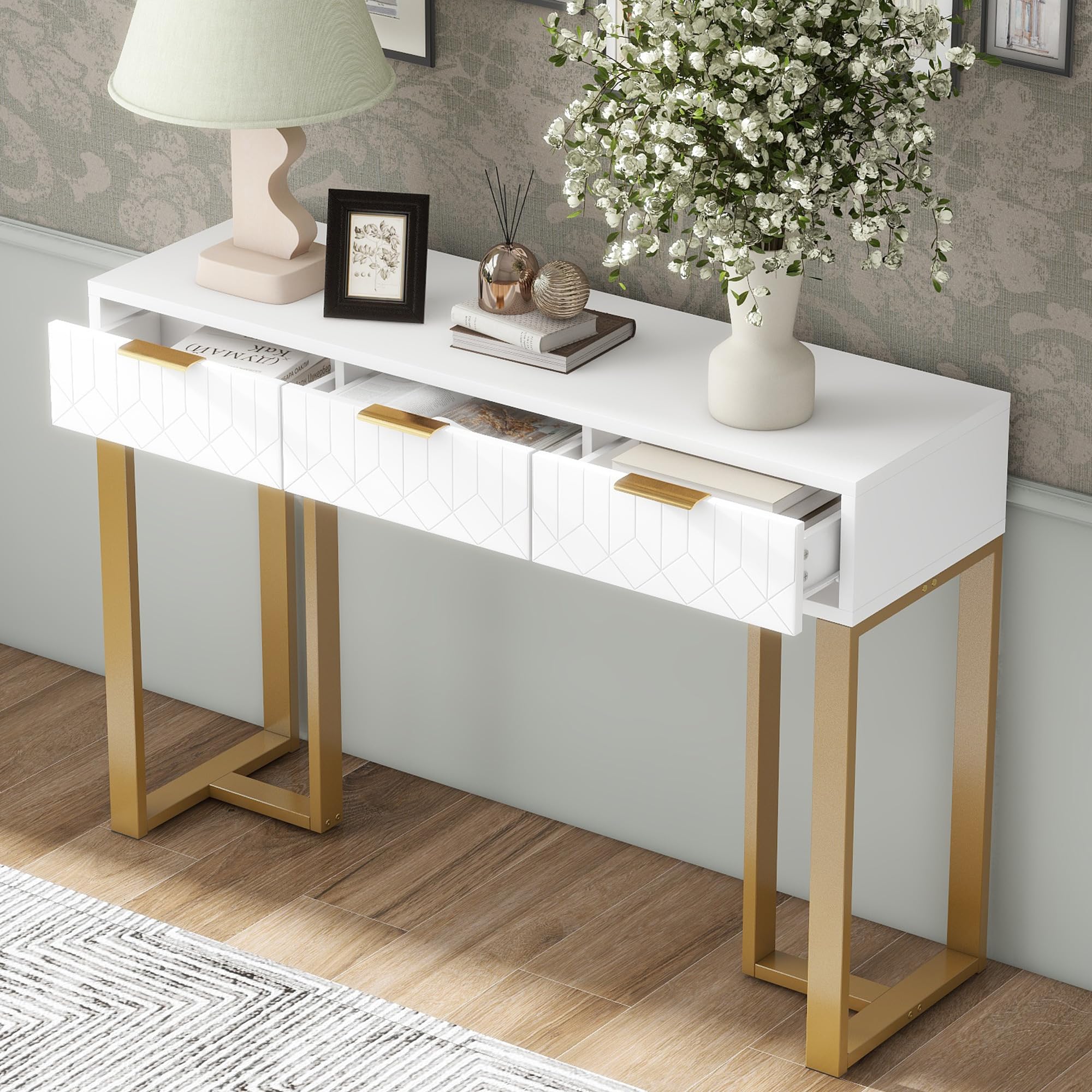 Image of Console Table/hallway Table (with 3 Drawers), Narrow Side Table (120 X 36 X 80 Cm), Sofa Table With Adjustable Feet And Metal Frame - Suitable For Entryway, Bedroom, Living Room, And Foyer