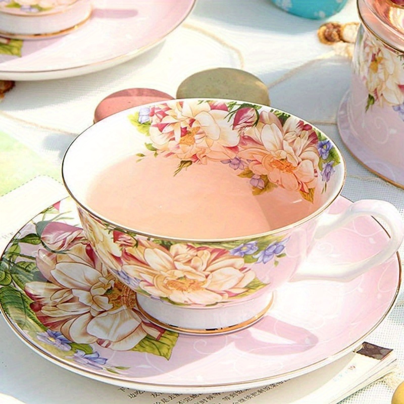 1pc vintage floral bone china tea cup and saucer set - elegant pink & golden english teacup with saucer, 7oz delicate pastel colors (pink, green, blue, yellow, white) for women s  , birthday, mother s day gift, hand wash only, dainty tableware for  , flower tea cup Product details 1