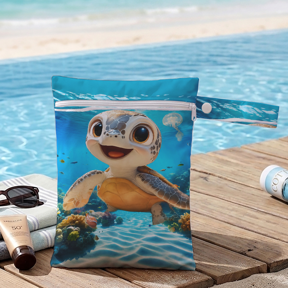 TEMU 1pc Cute Cartoon Sea Turtle Print Wet Dry Bag, Underwater Pattern Wet Dry Bag, Reusable Zippered Beach Swim Pouch, Portable Swimsuit Storage Bag