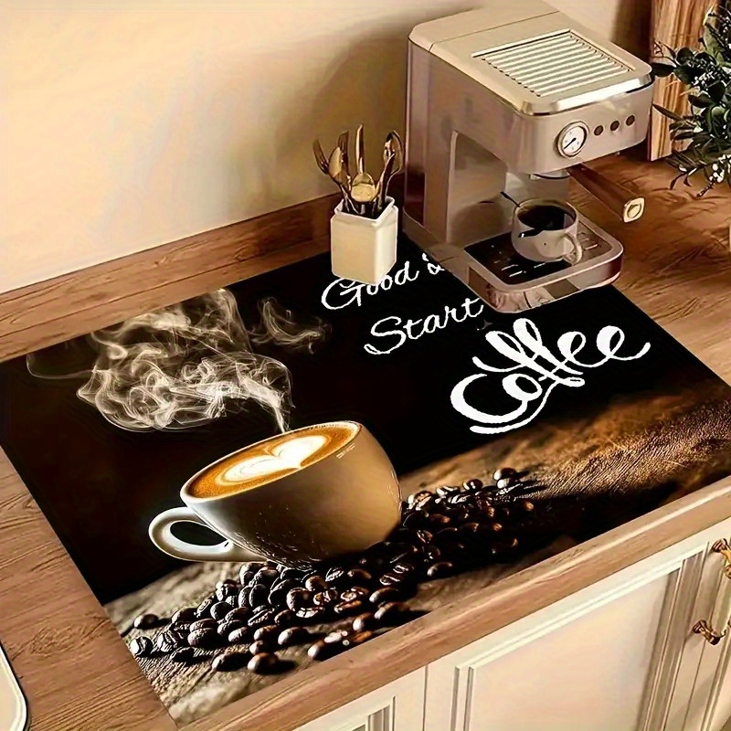 TEMU 1pc Abstract Coffee Machine Mat With A Coffee Lover Themed Pattern, Table Mat, Absorbent Placemat, Utensil Drying Mat, Suitable For Coffee