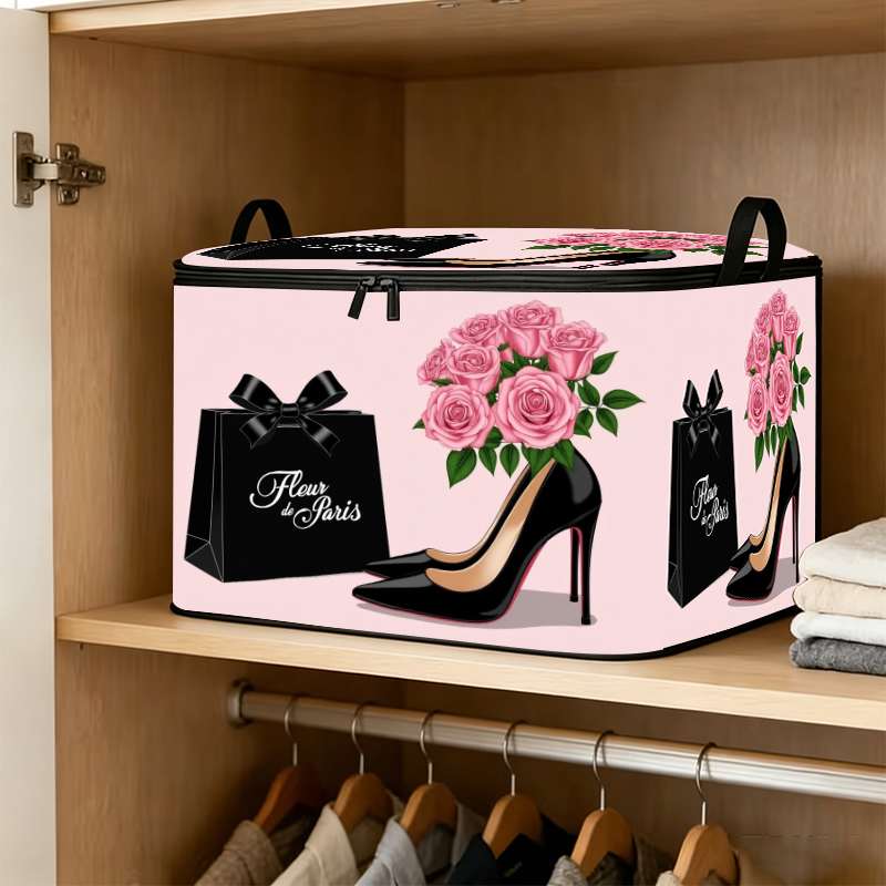 TEMU Classic And Fashionable Minimalist Style Essential Storage Basket/box, With A Light Luxury Pink And Black Rose High-heel Shoe Gift Bag. A