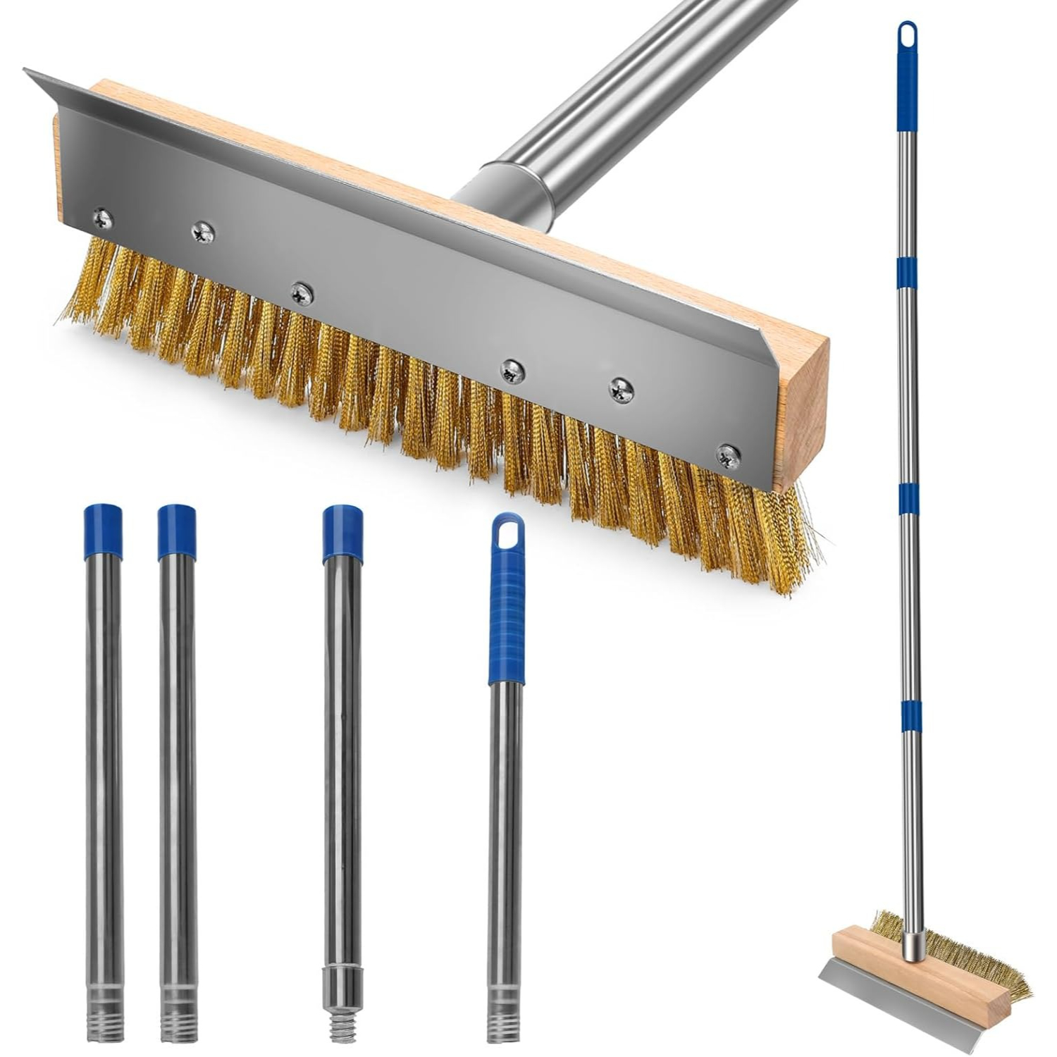 Image of Versatile Pizza Oven Cleaning Brush, 153cm Long Handle Grill Brush Featuring Scraper, 25cm Wide Brass Bristles For Cleaning Hot Stones, Silvery Color