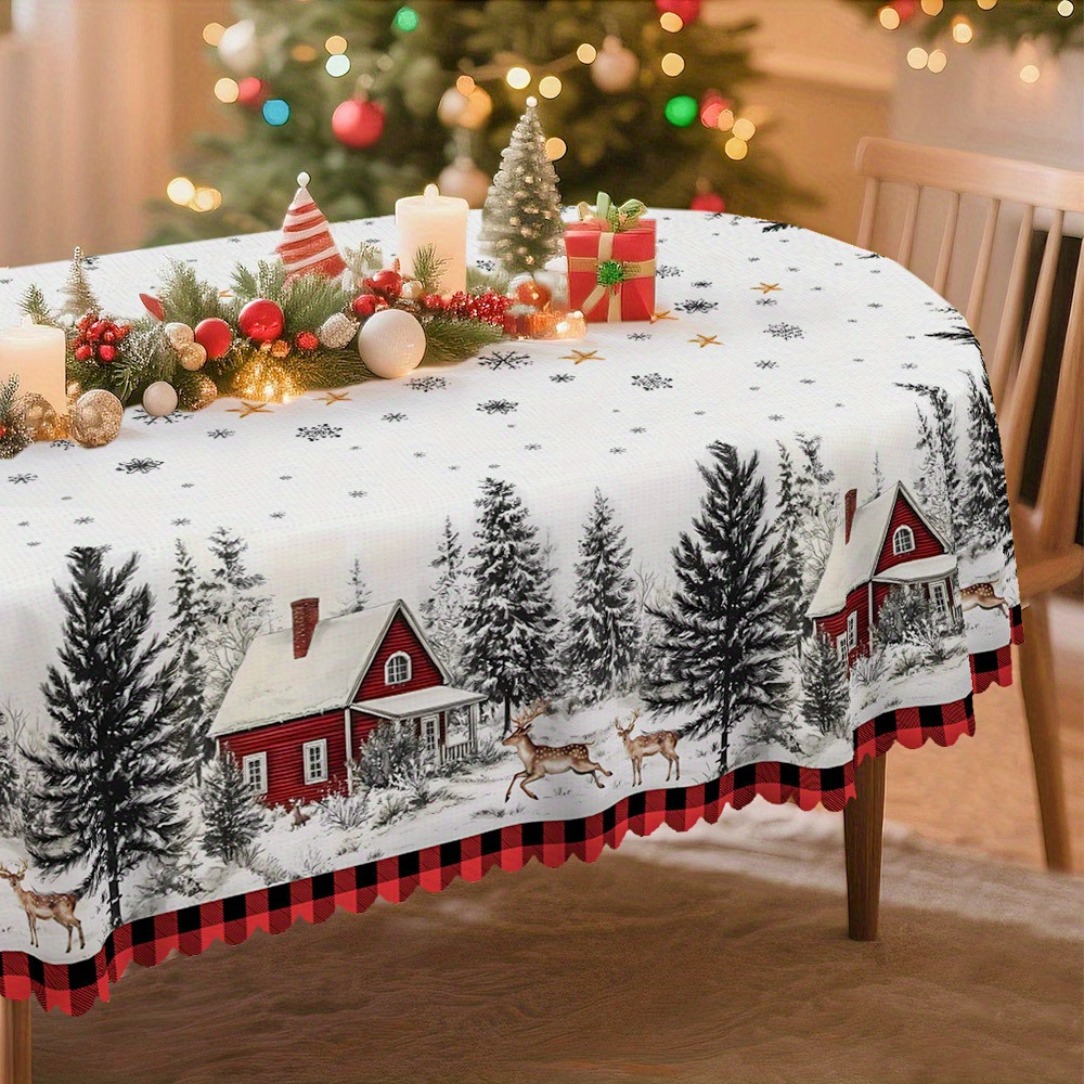 TEMU Mantel plano 2D 1 pieza, Hielo y nieve de invierno, mantel de estilo occidental, decoración y roja, roja, de y pino, estilo tradicional vintage,