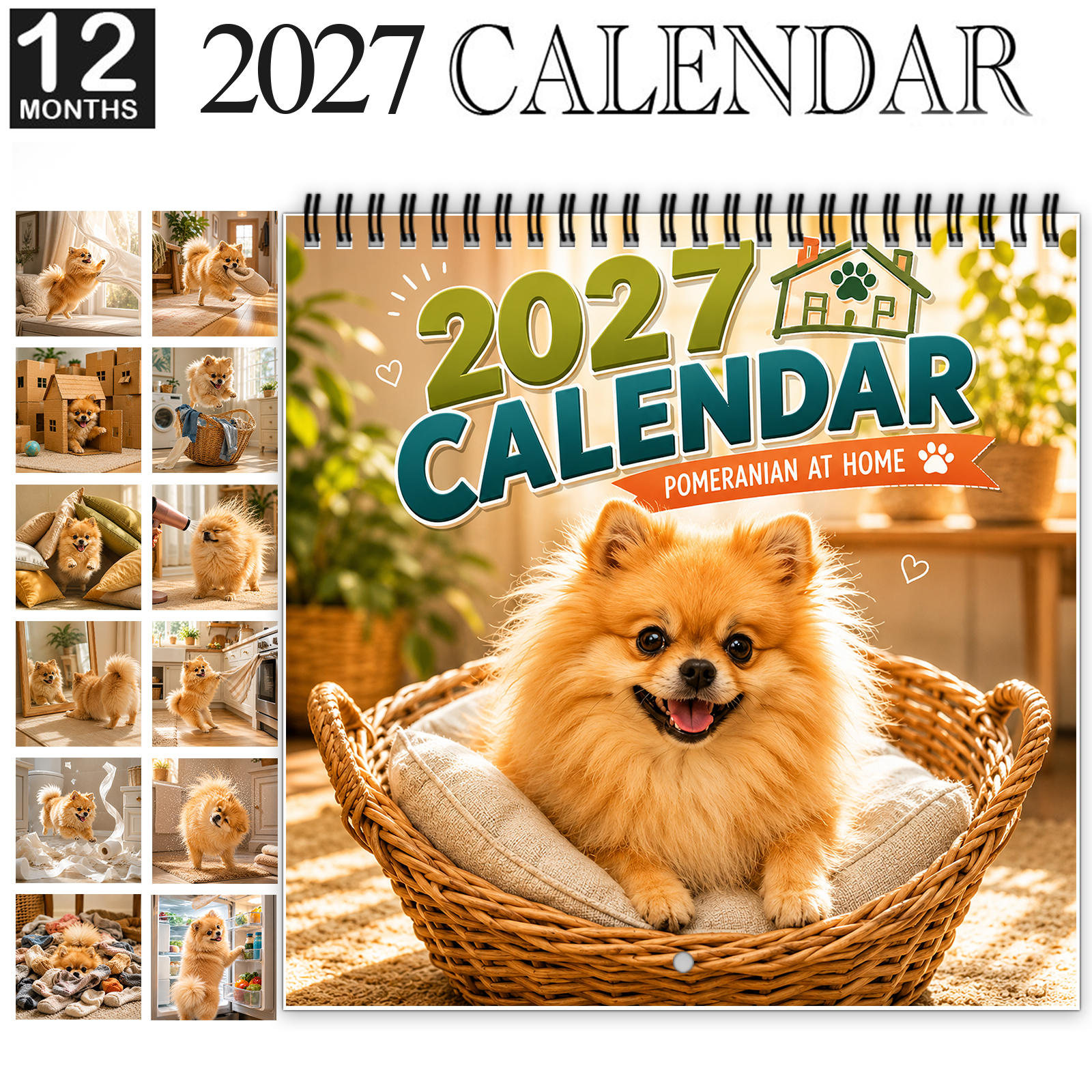 TEMU 1 calendrier mural pour chien Pomeranian 2027, planificateur mensuel de 12 mois relié avec papier épais et brillant, présente des chiots mignons