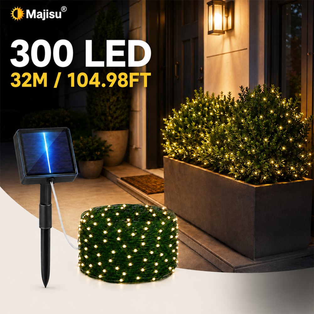 TEMU Majisu 1pc Solar Powered Smart String Lights, Warm White 300/200/100/50 Led Outdoor Garden Lights With Dark , Ipx4, 8 For Front Door Greenery,