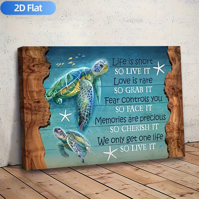 TEMU 2d Flat, 2d Flat, 1pc, Wooden Framed Canvas Painting Poster, Turtle And Inspirational Quote Canvas Art, Modern Poster Canvas For Living Room,
