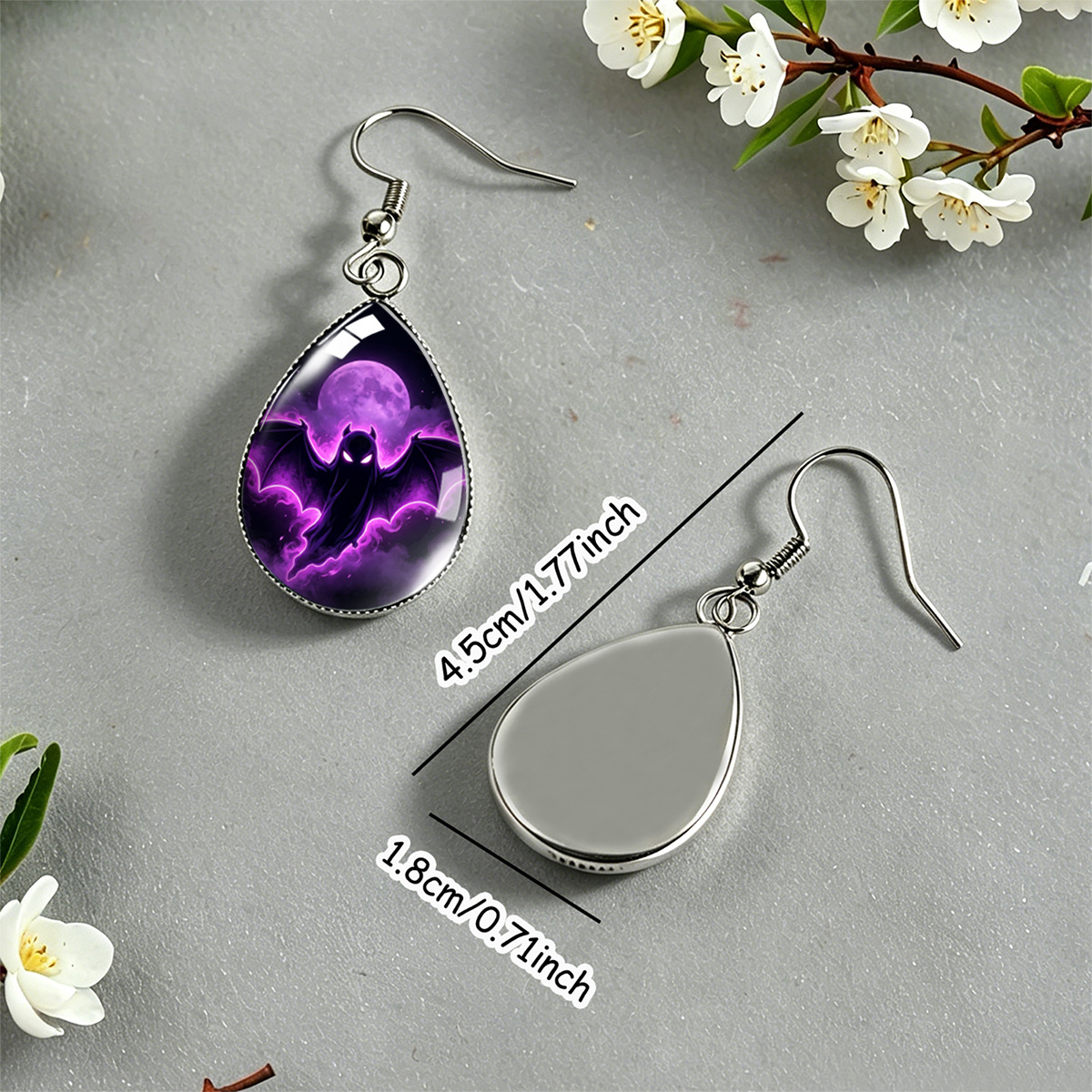 Purple Cloud Mist Black Bat Ghost Pattern Water Drop Earrings