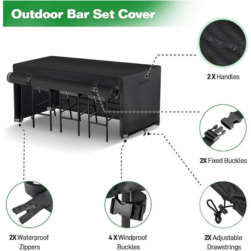 7pcs Outdoor Bar Height Dining Set Compatible Cover - Heavy-Duty & Windproof All-Weather Table Cover with, Adjustable Fit for Wicker Furniture (Table & 6 Chairs) 76”L x 34”W x 42”H, Oxford Fabric for 7-