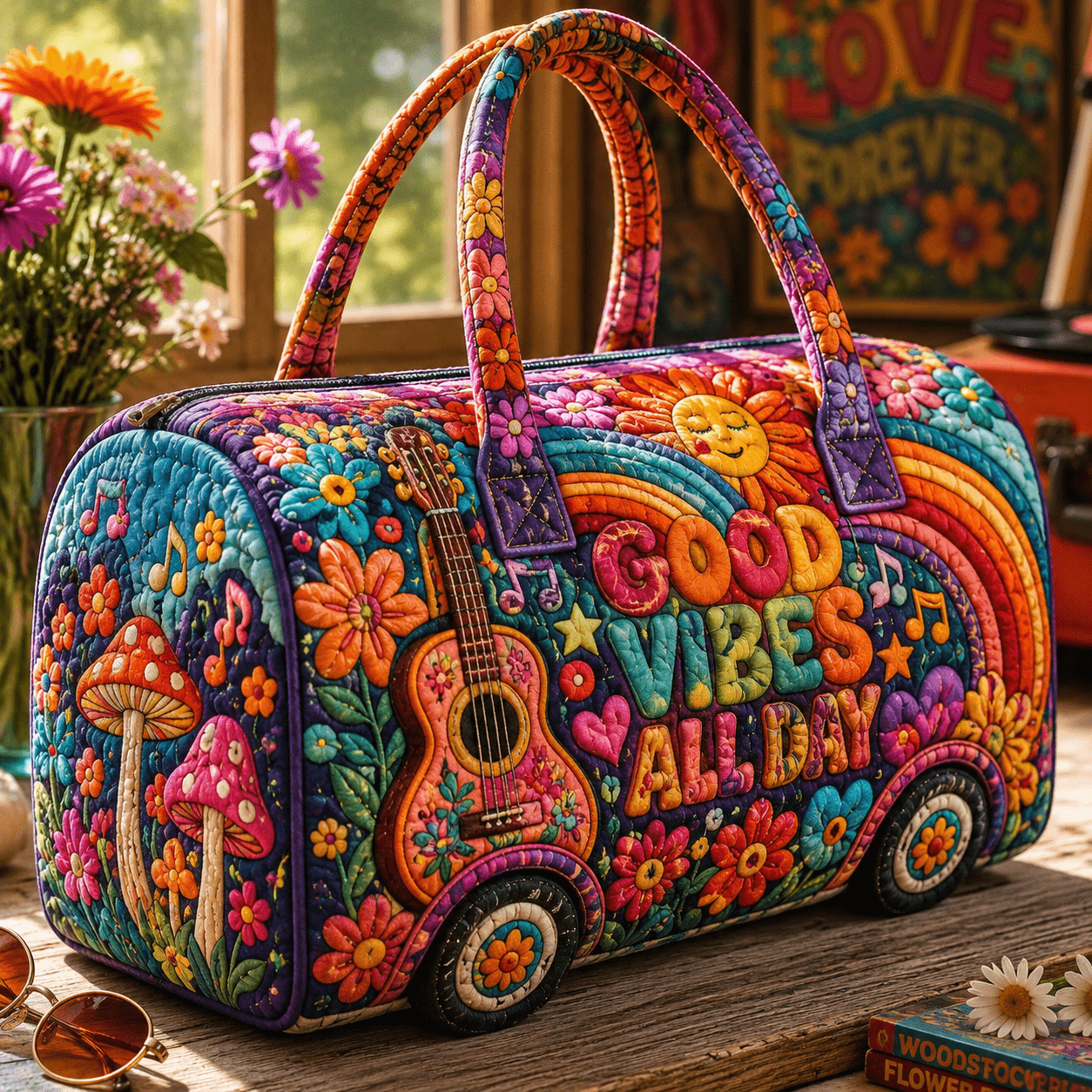 TEMU 1pc Blue Van Sunflower Floral Print Quilted Duffel Travel Bag, Large Capacity Lightweight Weekender Tote For Women, Gym, Travel, Camping, Summer