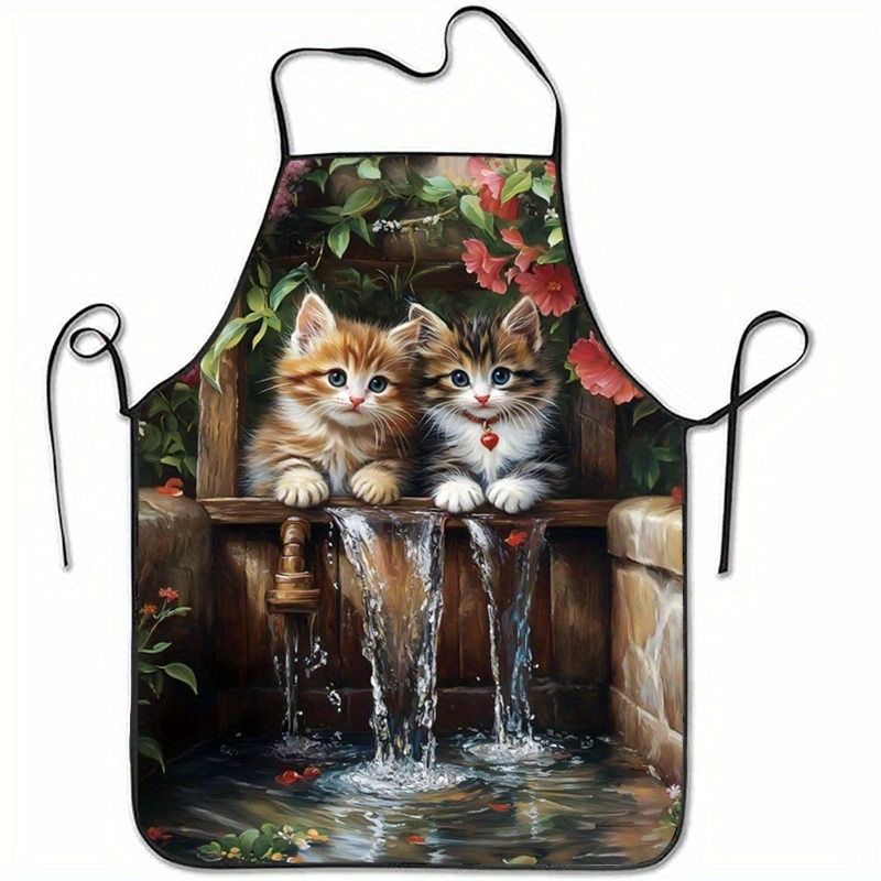 TEMU 1pc Cute And Themed Apron - Featuring A Cat Viewing In A Cute And Style, A Cat By A Well Adorable + Floral Element Combination, Cute And Element