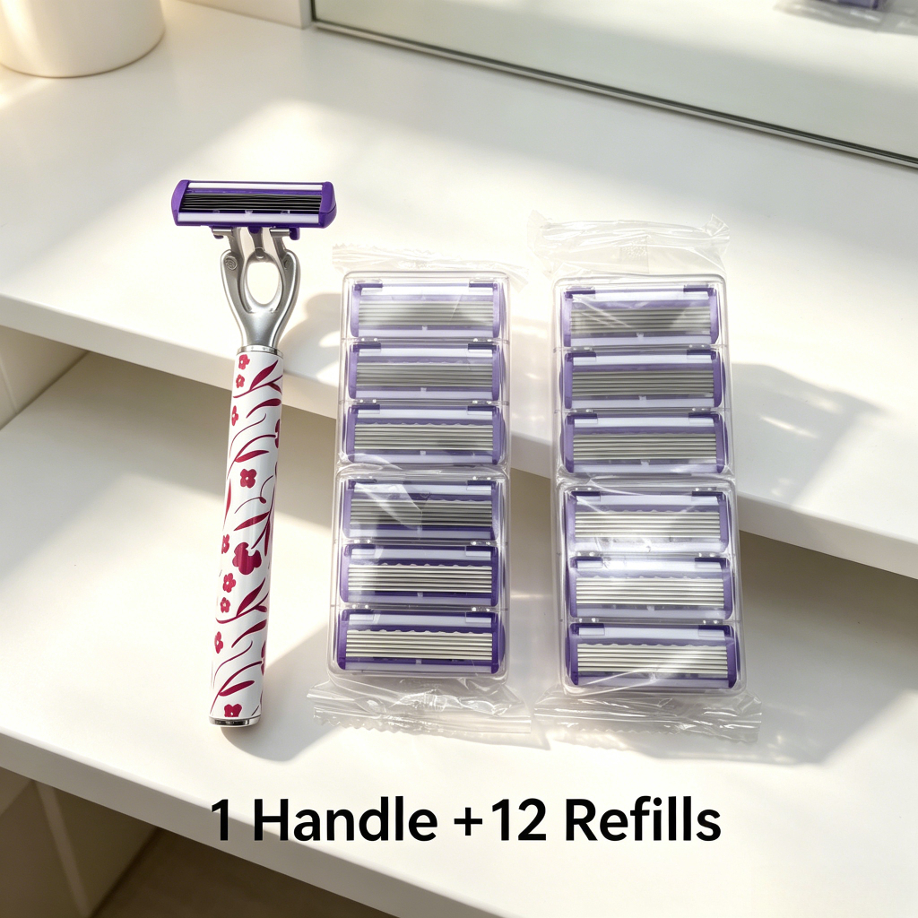 TEMU Light Luxury Pink Floral Print Manual Shaver And Hair Removal Kit, 1 Handle And 12 Replacement (without Gift Box), Six-layer Blade Shaver,