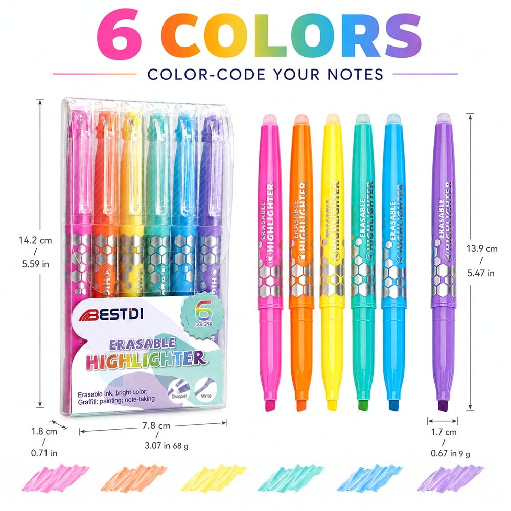 TEMU Lot de 6 surligneurs effaçables à la chaleur, 6 couleurs, stylos surligneurs pour étudiants, ensemble de papeterie pour et étude pour mettre en