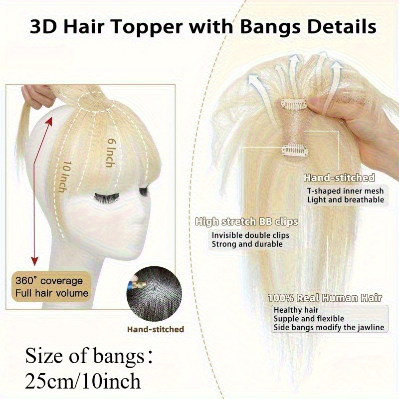 1pc human hair t shaped wig block cover with french bangs straight hair hair topper for women men real human hair easy to tidy match styles elegant     hair wig versatile hairstyle enhancer   cap details 3