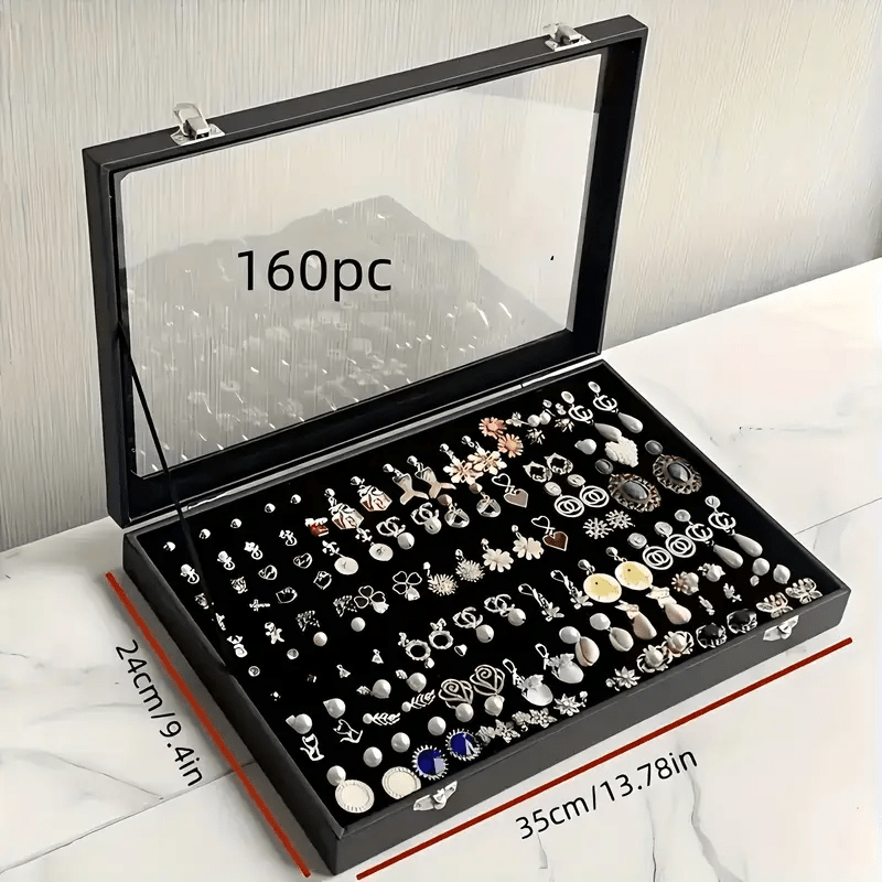   velvet jewelry box with clear glass lid, multi-compartment for necklaces and rings durable metal clasp ideal gift or personal use Product details 0
