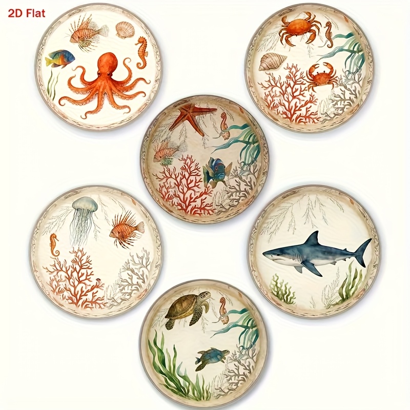 6pcs Wood Coasters With Sea Creature Designs (starfish, Shells, Fish) - Wood Protectors Suitable For Home, Office, Cafe - Wood Drink Coasters, 2d Flat