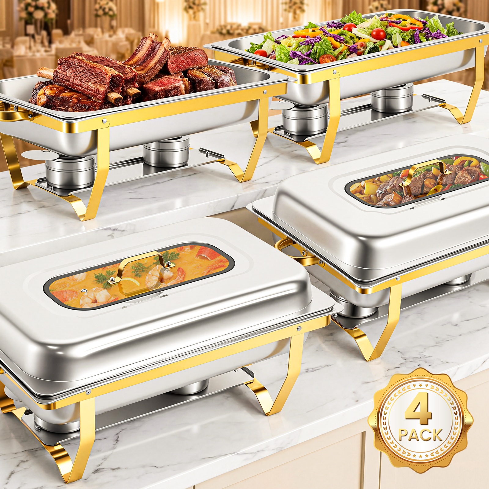 Image of 2/4 Pack Chafing Dishes For Buffet 9qt Stainless Steel Chafing Dish Buffet Set With Upgraded Glass Window [elegant Golden And Silver Colors], Buffet Servers And Warmers For Party Wedding - Cooking