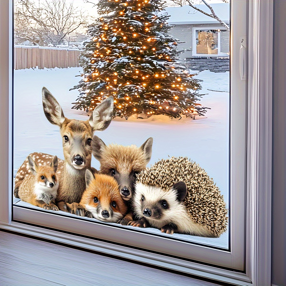 1 Sheet Of 5-animal Combination Animal Window Decals, Featuring Elk, Fox, And Hedgehog, Removable Pvc Home Decor Stickers, Christmas Winter Theme