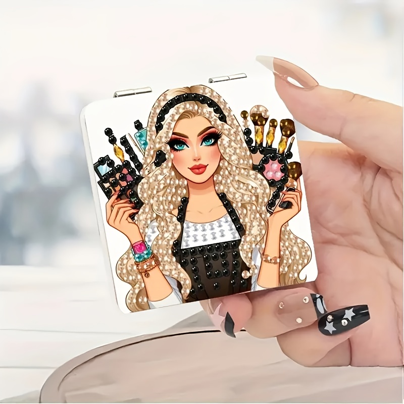 TEMU 1 Set Diamond Painting Makeup Mirror Combination, Designed As Handheld Makeup Brush , Foldable Single-sided Crystal Decoration Valentine's Day