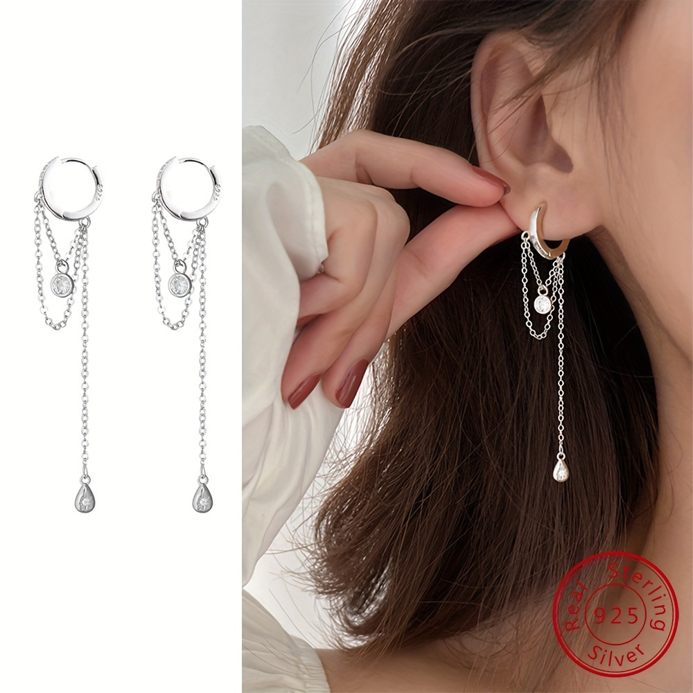 

925 Pure Silvery Unique Anti-allergic Earrings With Chain, Decoration And Tassel, Elegant And Luxurious Style, Women's Gift