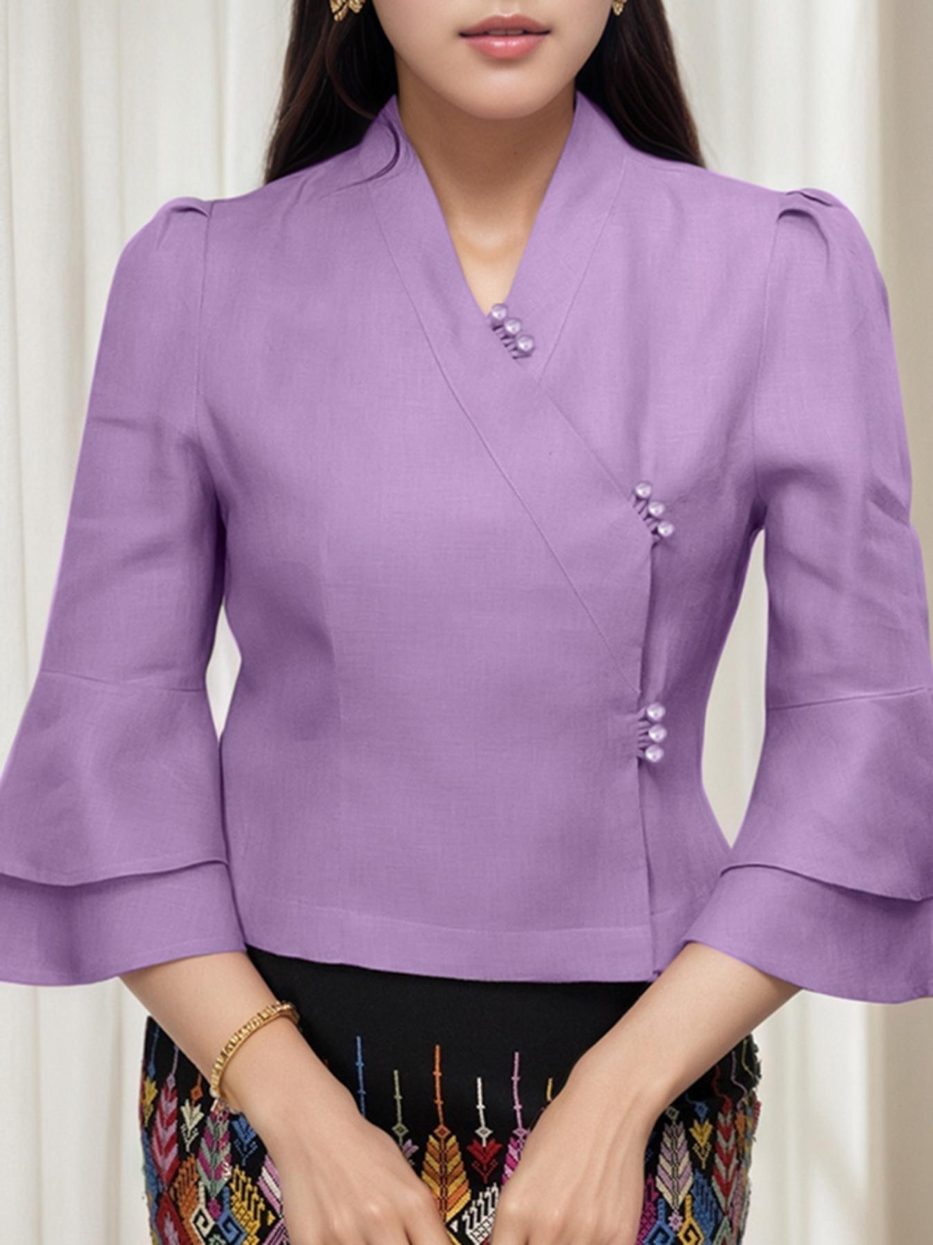 ladies stylish blouse featuring a v neck 3 4 double ruffle sleeves front buttons and a loose lightweight design suitable for casual or evening wear