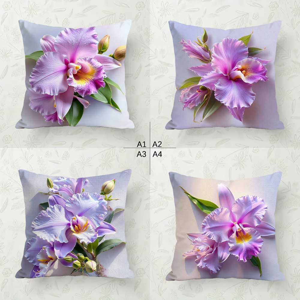 E-shop 2D Flat - 4er-Set 2D Flat Druck Polyester Kissenbezüge – Lila Orchideenmuster, Frühlingsblumen-Stil, Moderner dekorativer Kissenbezug,