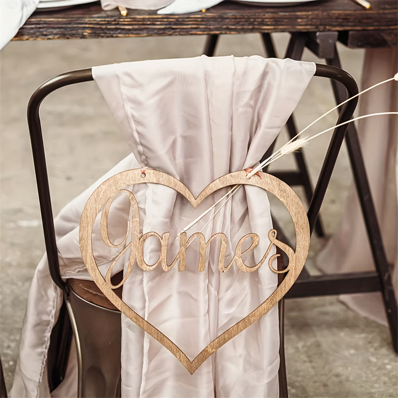 Image of 1pc Custom Bride Groom Wedding Sign Wooden Chair Banner Chairs Sign Wedding Decorations Couple Name Heart Shape Rustic Country Ideas