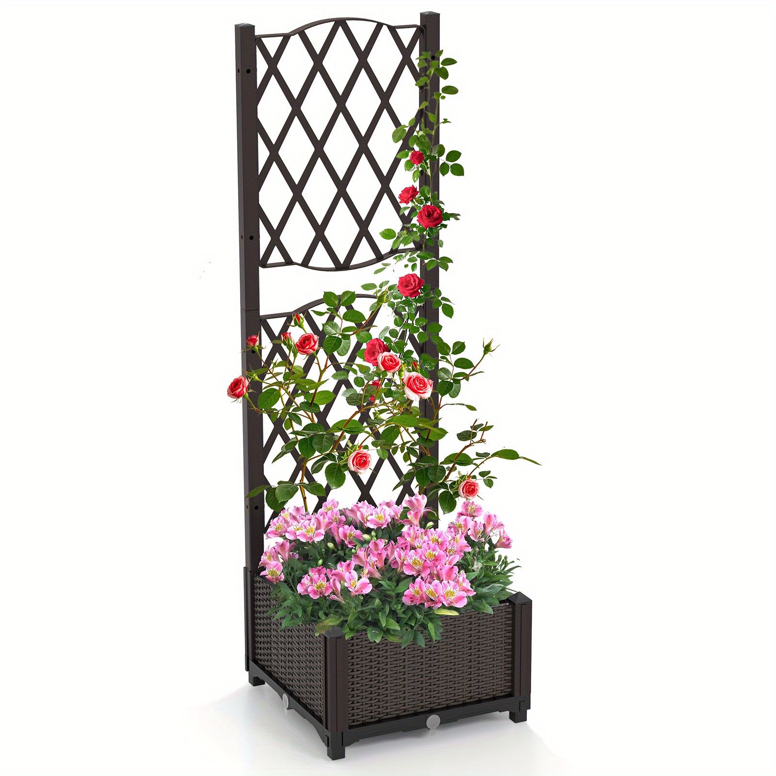 Raised Garden Bed With Trellis, Plastic Outdoor Planter W/ Drainage Holes, Diamond Lattice Trellis